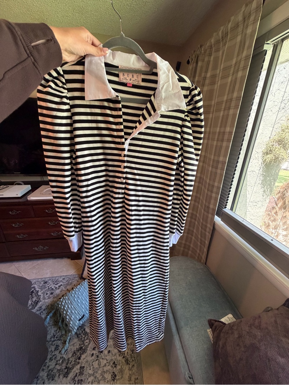 Buru Striped Black & White Midi Shirt Dress with Contrast Collar